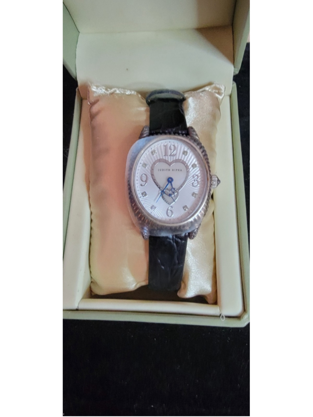 Judith Ripka Sterling MOP Hearts Dial Watch w/ Leather Band Deployment Clasp 61